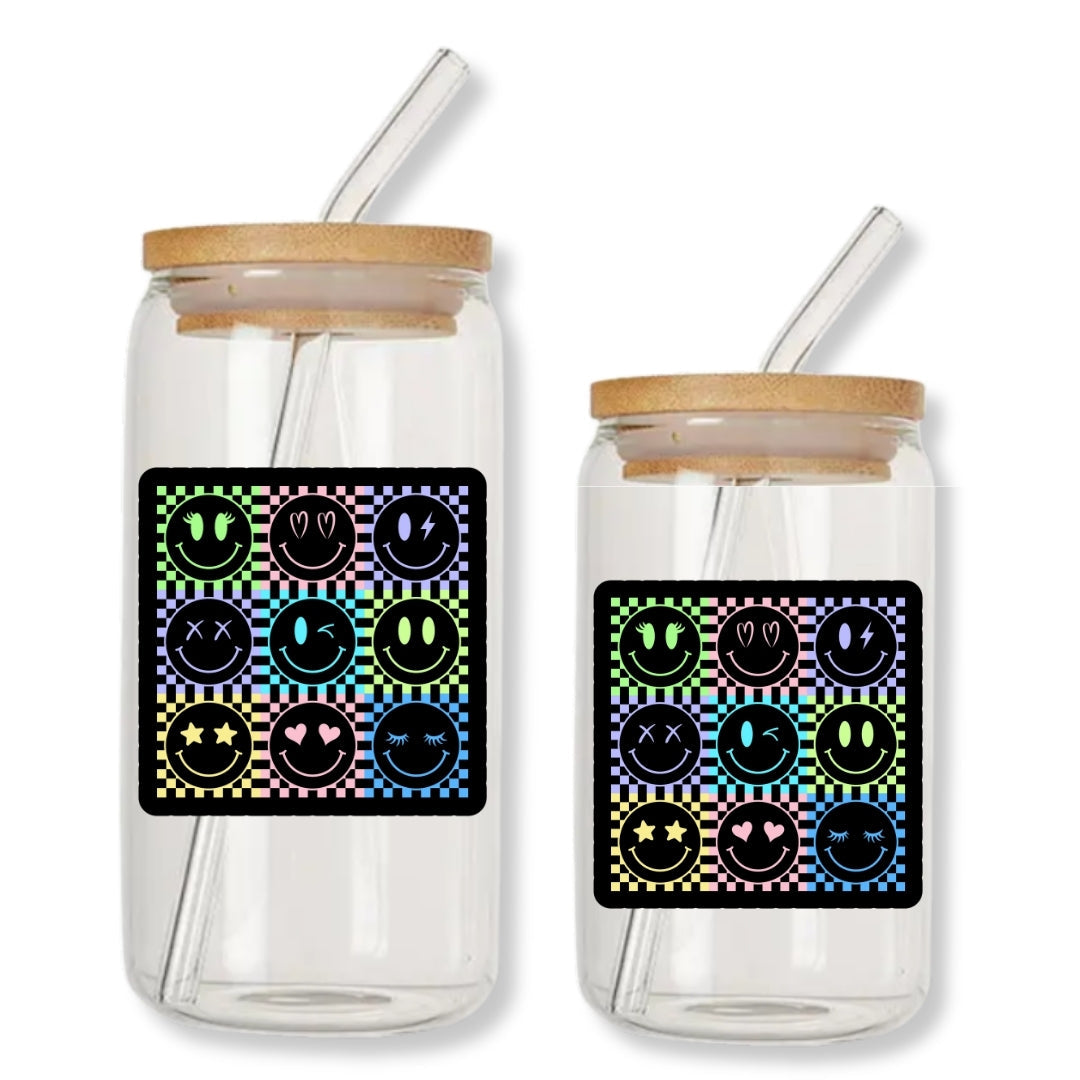 All the Smiley Faces 16 oz. or 20 oz. Glass Can Cup Just So Happy