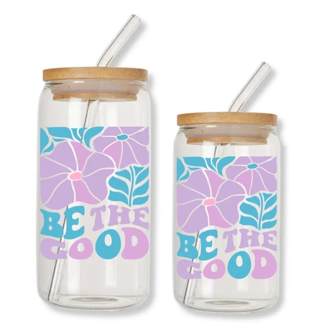 Be the Good Retro Flowers Can Glass Tumbler with Bamboo Lid & Straw
