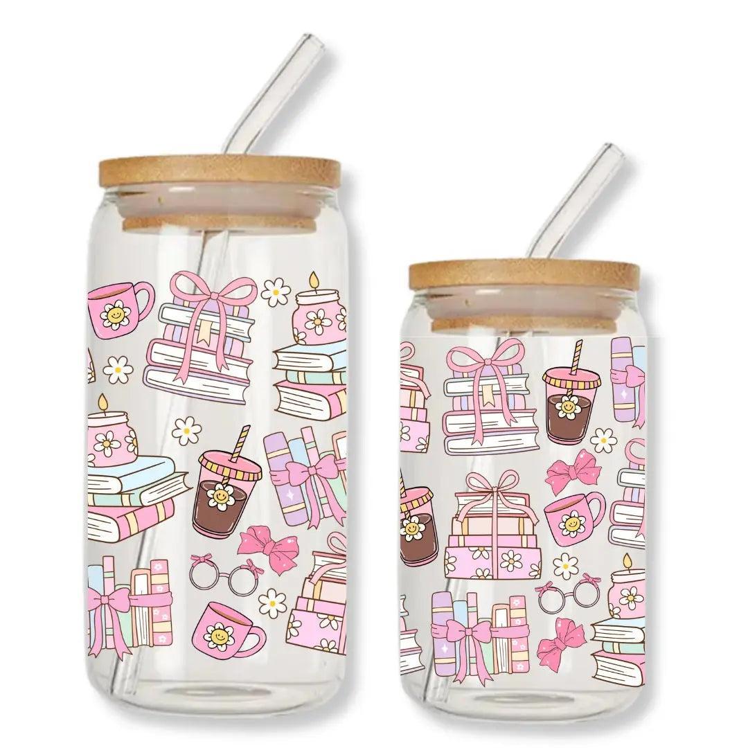 Bookish Girly Doodles 16 oz. or 20 oz. Glass Can Cup