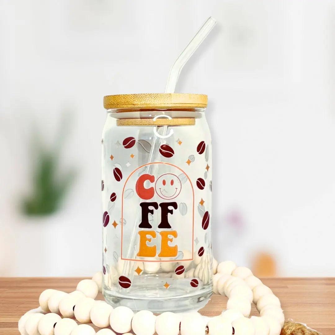 Coffee Beans & Smiley Face 16 oz. or 20 oz. Glass Can Cup
