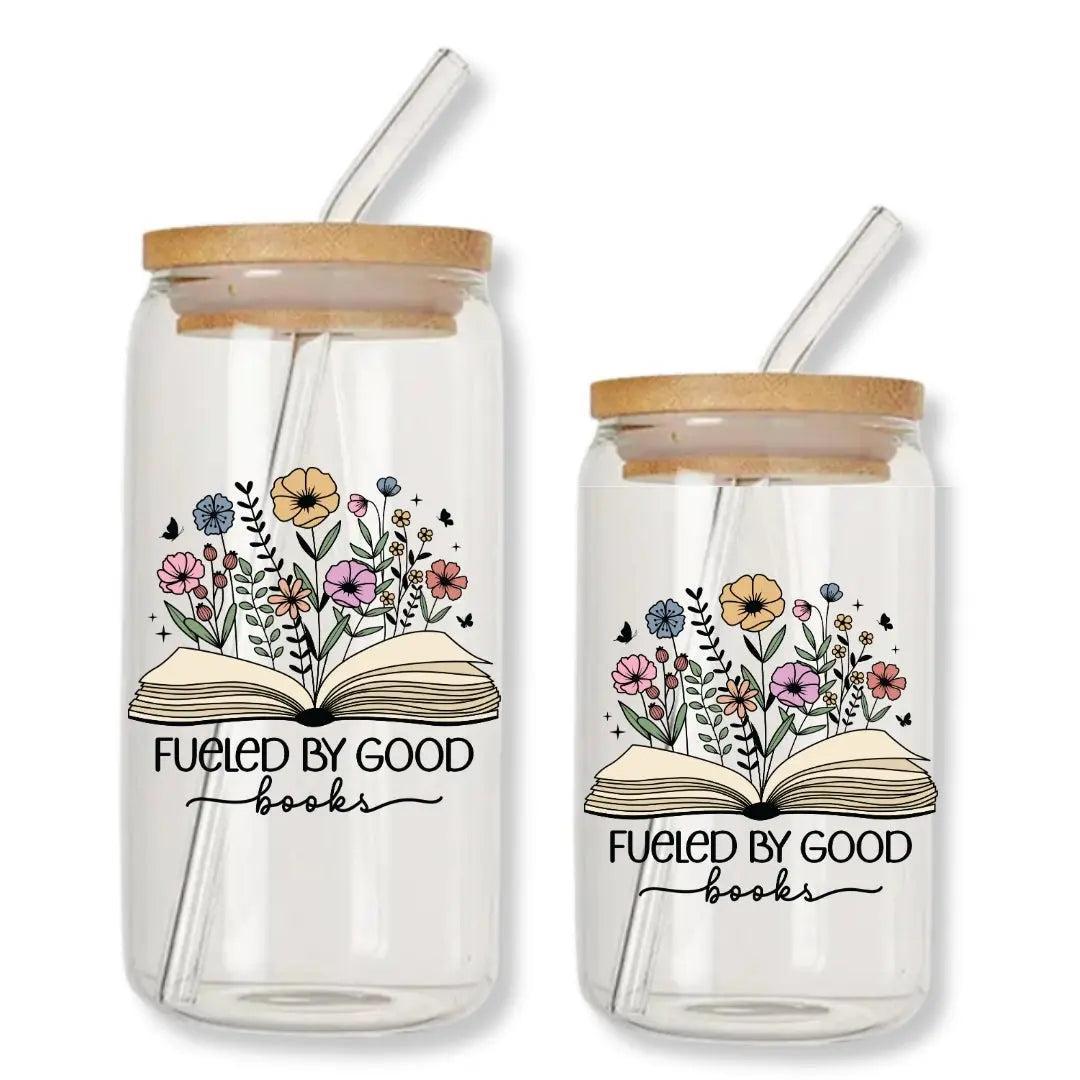 Fueled by Good Books Can Glass Tumbler with Bamboo Lid & Straw