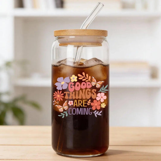 Good Things are Coming Butterfly Floral 16 oz. or 20 oz. Glass Can Cup