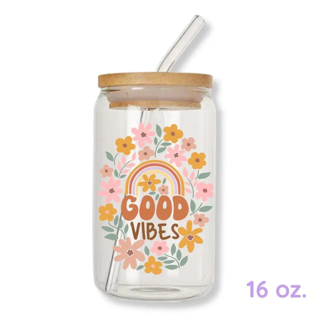 Good Vibes Rainbow Floral 16 oz. or 20 oz. Glass Can Cup
