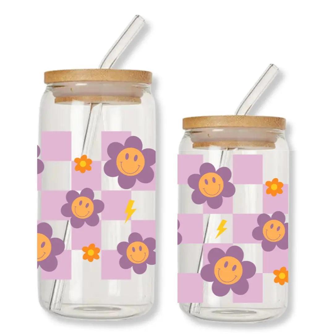 Purple Pink Checkered Daisy Smiley Face Can Glass Tumbler with Bamboo Lid & Straw