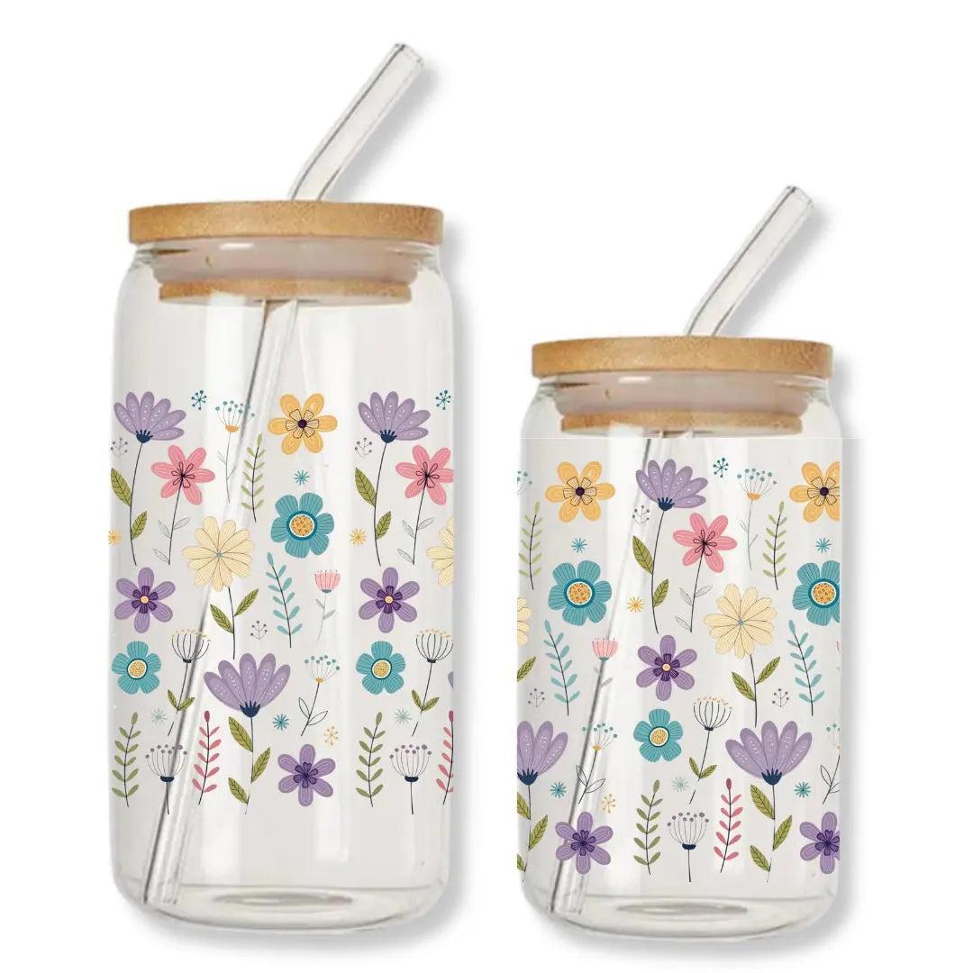 Purple Wildflowers Can Glass Tumbler with Bamboo Lid & Straw