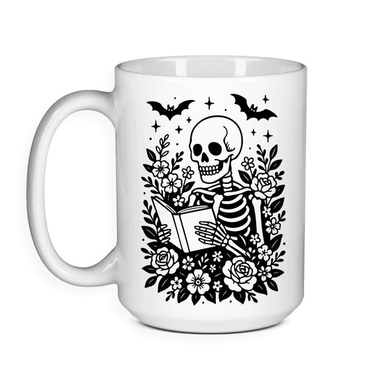 Reading Skeleton White - Halloween Bookish Mug