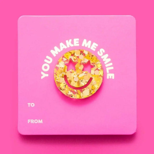 Smiley Face Pin + You Make Me Smile Affirmation Gift Card - Gold Confetti