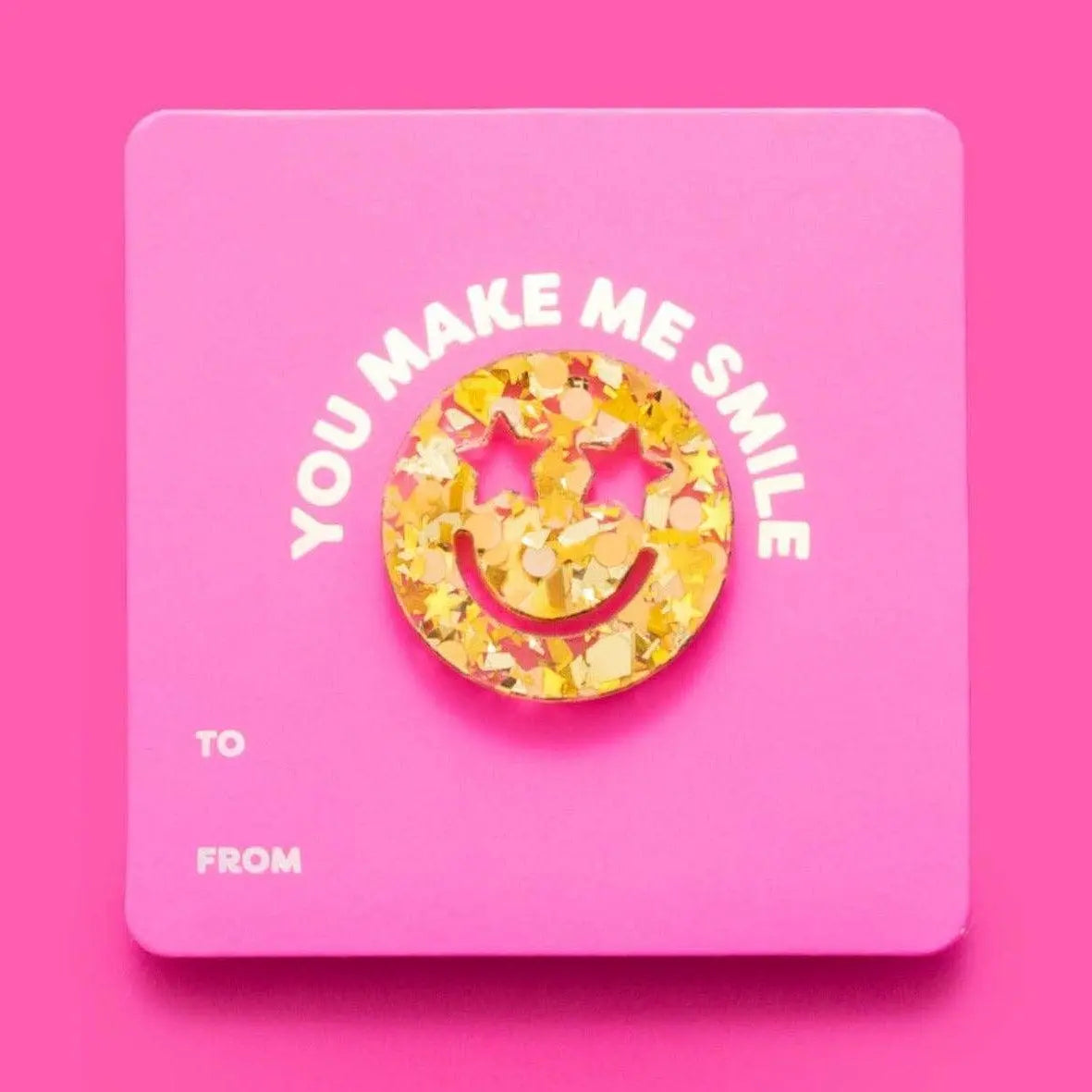 Smiley Face Pin + You Make Me Smile Affirmation Gift Card - Gold Confetti