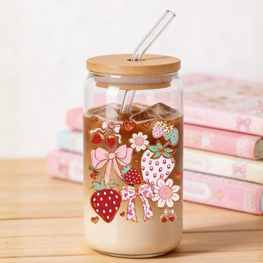 Strawberry Coquette 16 oz. or 20 oz. Glass Can Cup