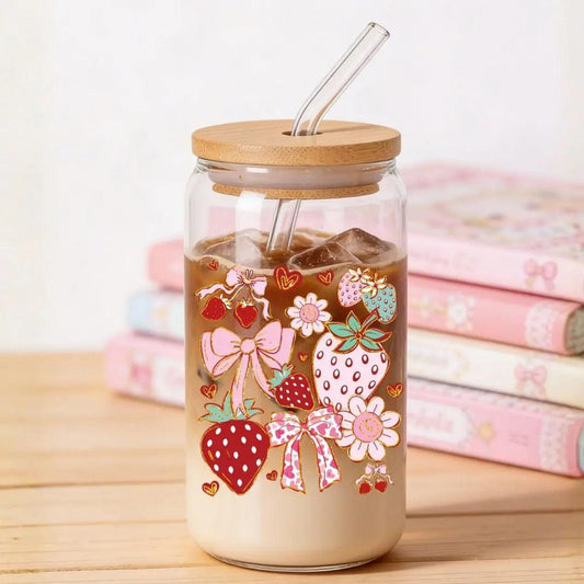 Strawberry Coquette 16 oz. or 20 oz. Glass Can Cup - Just So Happy