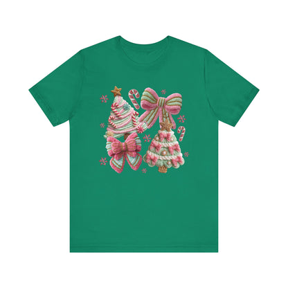 Pastel Pink Bows Coquette Christmas T-Shirt - Faux Yarn