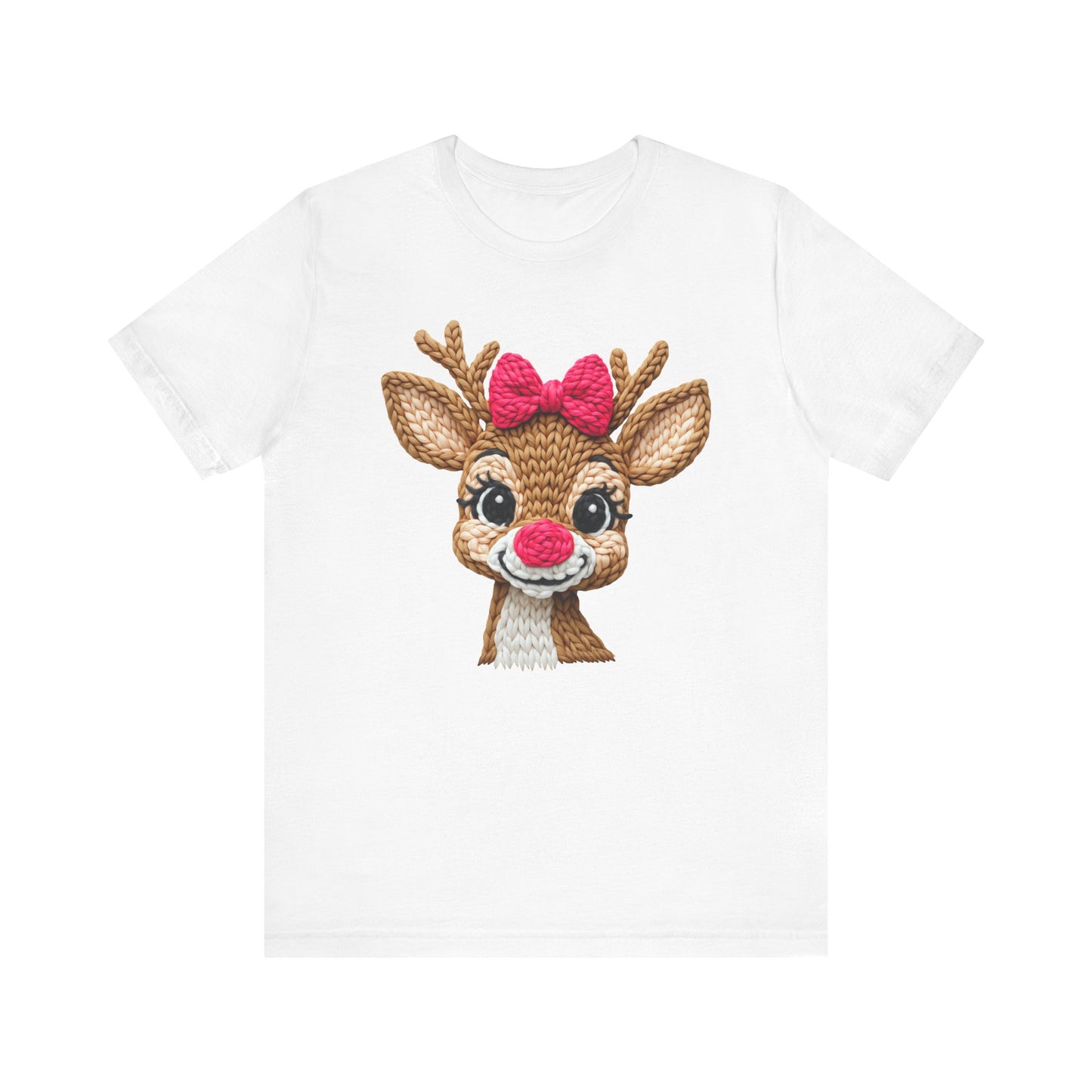 Cute Reindeer Face Christmas T-Shirt - Girl Reindeer with Pink Bow Faux Yarn