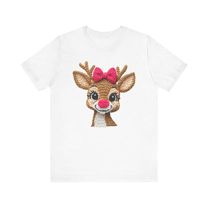 Cute Reindeer Face Christmas T-Shirt - Girl Reindeer with Pink Bow Faux Yarn