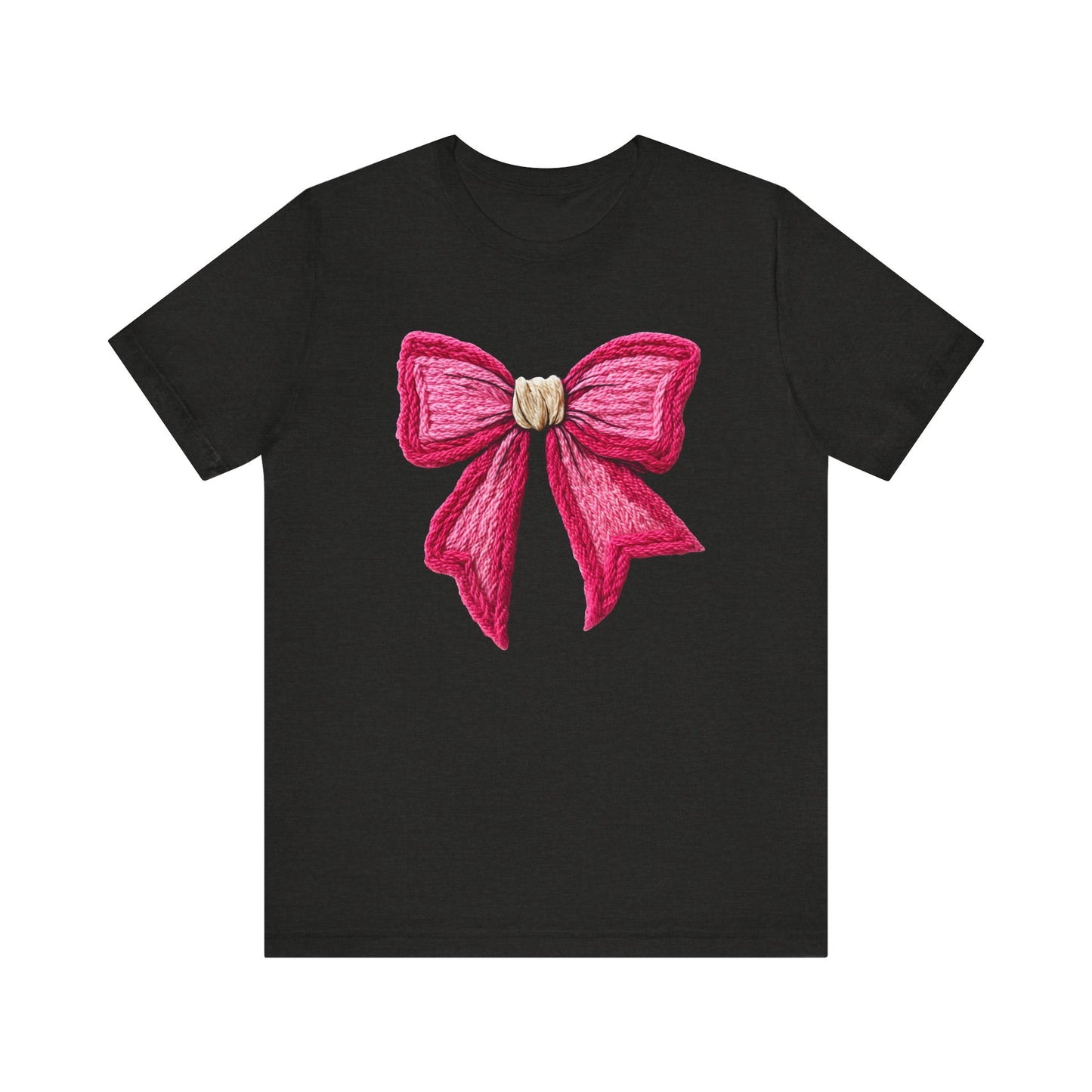 Cozy Knit Pink Bow Coquette Christmas T-Shirt - Faux Yarn