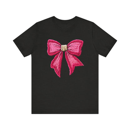 Cozy Knit Pink Bow Coquette Christmas T-Shirt - Faux Yarn