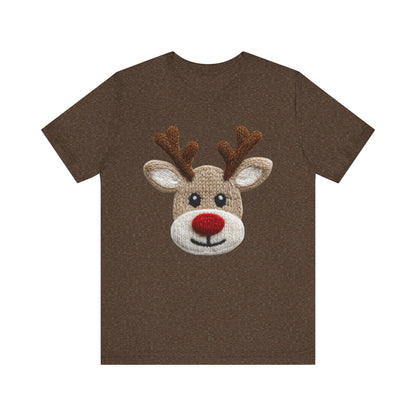 Cute Reindeer Face Christmas T-Shirt - Faux Yarn