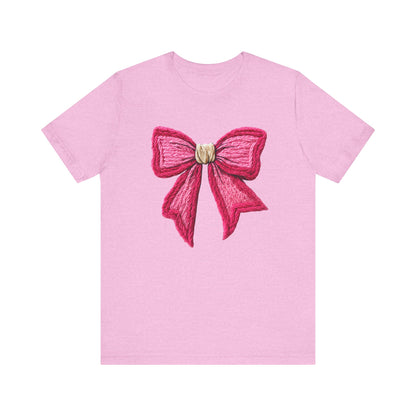 Cozy Knit Pink Bow Coquette Christmas T-Shirt - Faux Yarn