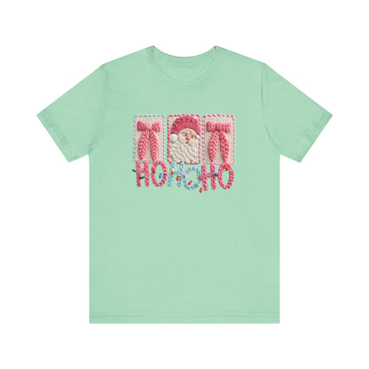 Ho Ho Ho Cute Pink Christmas T-Shirt - Faux Yarn
