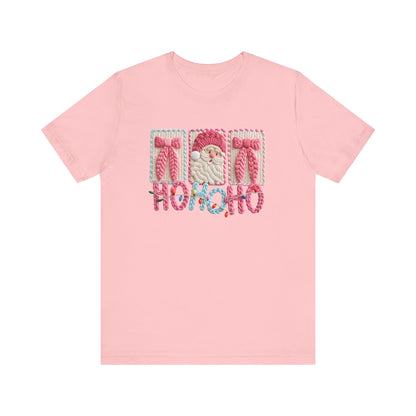 Ho Ho Ho Cute Pink Christmas T-Shirt - Faux Yarn