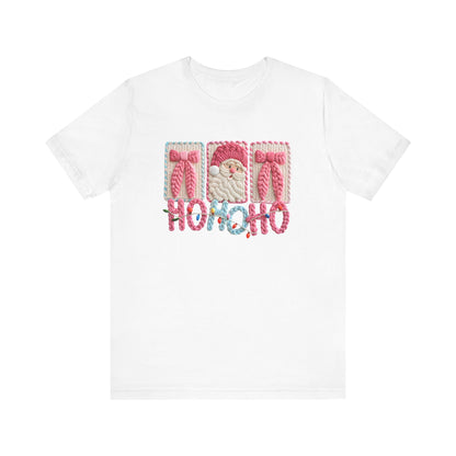 Ho Ho Ho Cute Pink Christmas T-Shirt - Faux Yarn