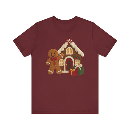 Ginger Bread Man House Christmas T-Shirt - Faux Yarn