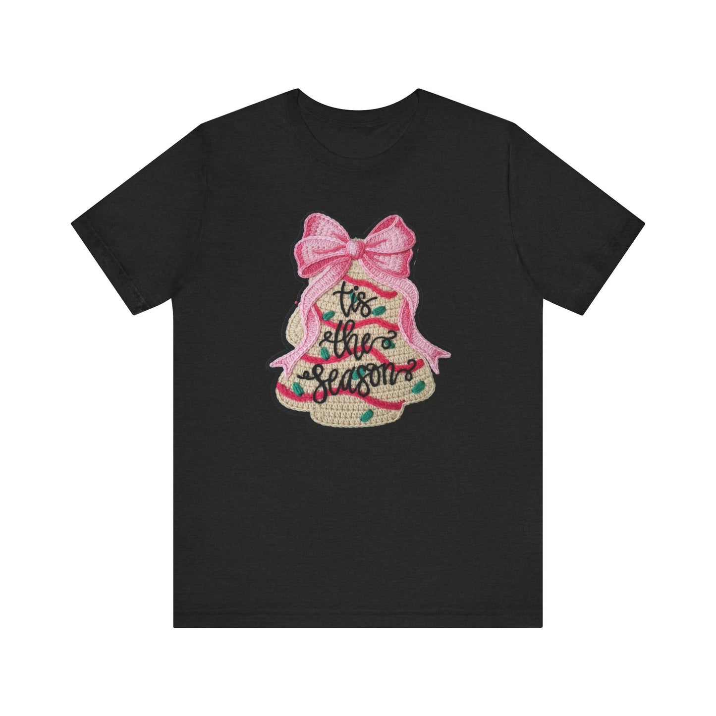Tis the Season Bow Cake Tree Christmas T-Shirt - Faux Yarn