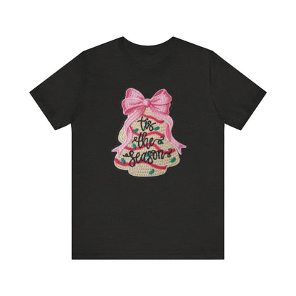 Tis the Season Bow Cake Tree Christmas T-Shirt - Faux Yarn