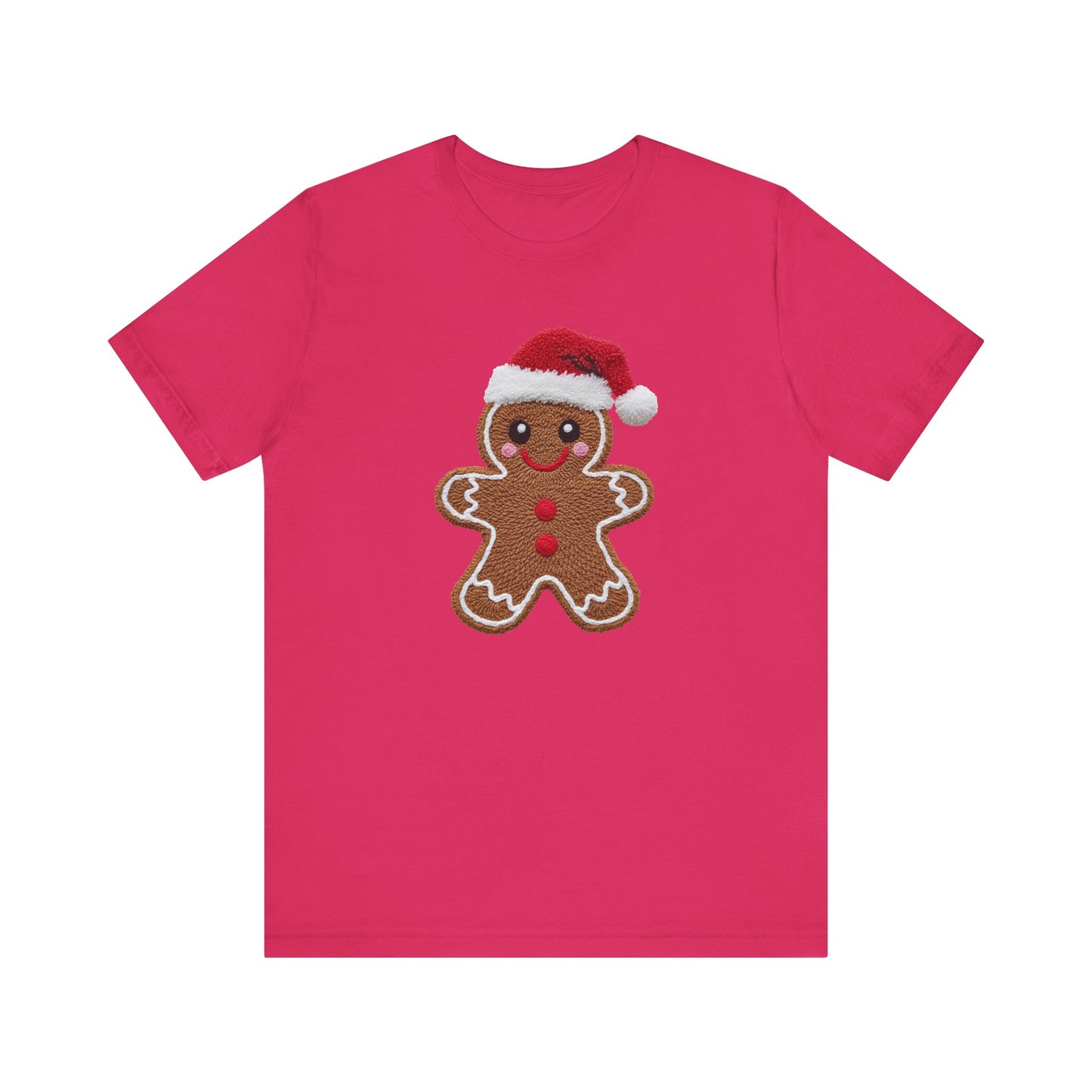 Gingerbread Man with Santa Hat Christmas T-Shirt - Faux Yarn