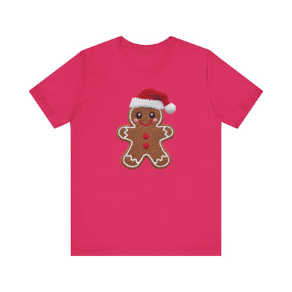 Gingerbread Man with Santa Hat Christmas T-Shirt - Faux Yarn