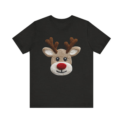 Cute Reindeer Face Christmas T-Shirt - Faux Yarn