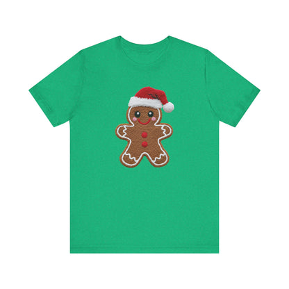 Gingerbread Man with Santa Hat Christmas T-Shirt - Faux Yarn