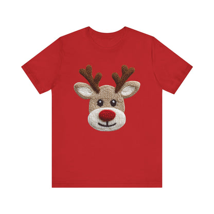 Cute Reindeer Face Christmas T-Shirt - Faux Yarn