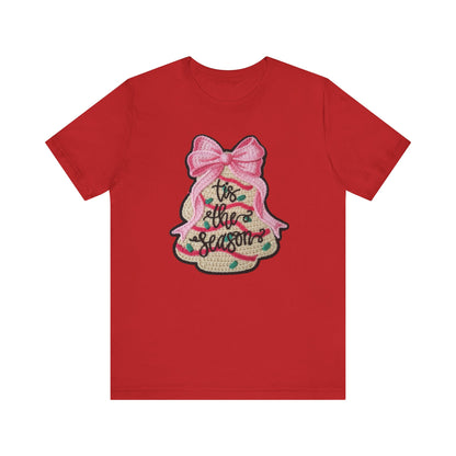 Tis the Season Bow Cake Tree Christmas T-Shirt - Faux Yarn