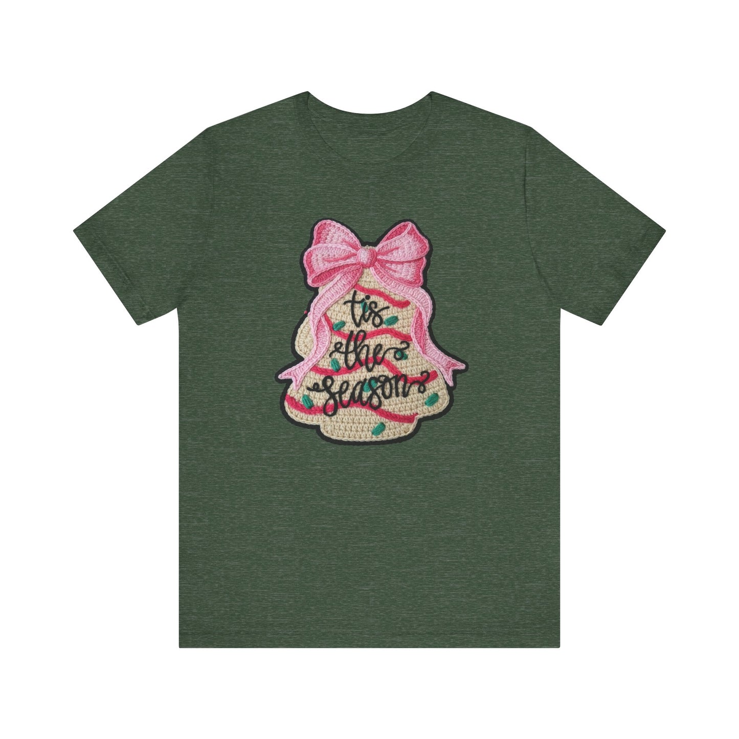 Tis the Season Bow Cake Tree Christmas T-Shirt - Faux Yarn