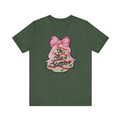Tis the Season Bow Cake Tree Christmas T-Shirt - Faux Yarn