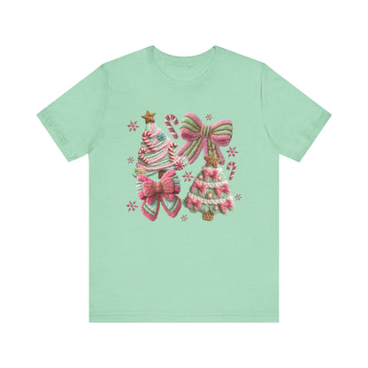 Pastel Pink Bows Coquette Christmas T-Shirt - Faux Yarn