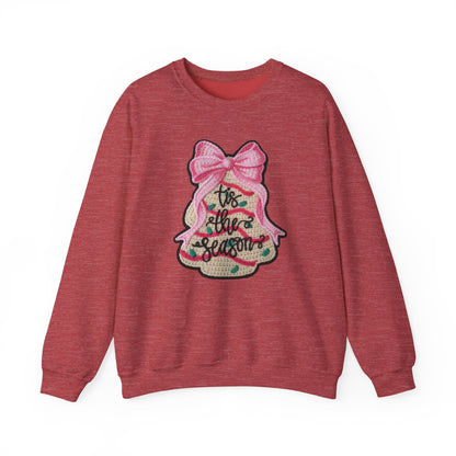 Tis the Season Bow Cake Tree Christmas Sweatshirt - Faux Yarn