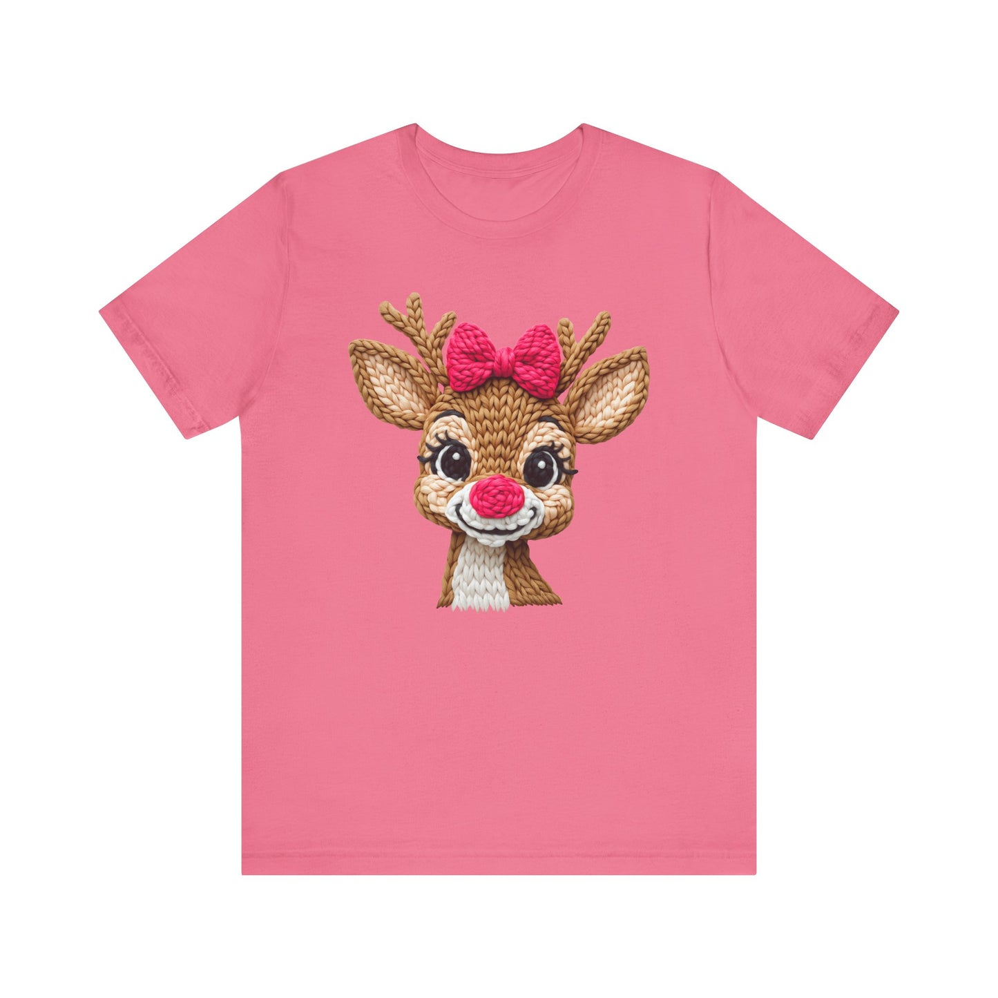 Cute Reindeer Face Christmas T-Shirt - Girl Reindeer with Pink Bow Faux Yarn