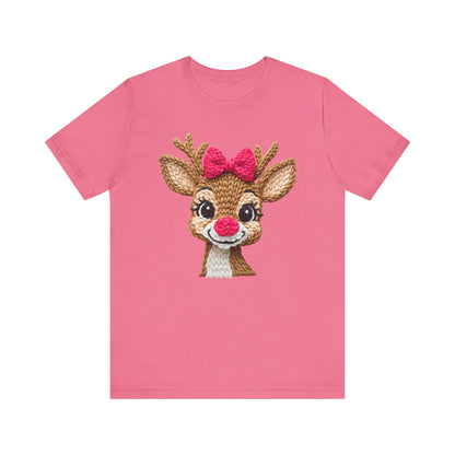 Cute Reindeer Face Christmas T-Shirt - Girl Reindeer with Pink Bow Faux Yarn
