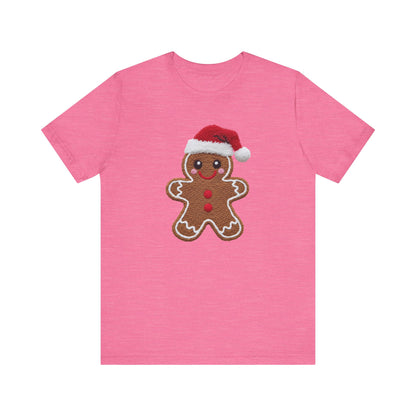Gingerbread Man with Santa Hat Christmas T-Shirt - Faux Yarn