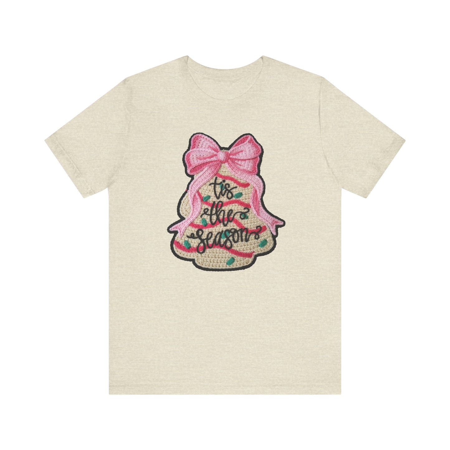 Tis the Season Bow Cake Tree Christmas T-Shirt - Faux Yarn