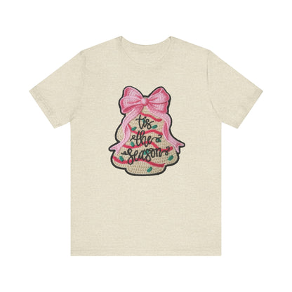 Tis the Season Bow Cake Tree Christmas T-Shirt - Faux Yarn