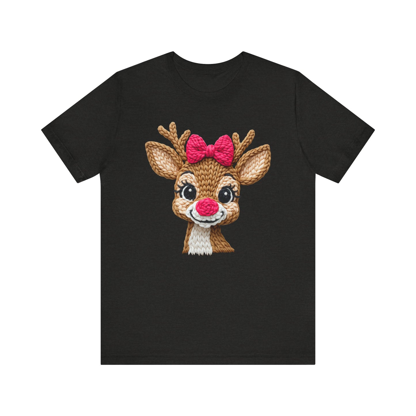 Cute Reindeer Face Christmas T-Shirt - Girl Reindeer with Pink Bow Faux Yarn