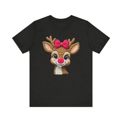 Cute Reindeer Face Christmas T-Shirt - Girl Reindeer with Pink Bow Faux Yarn