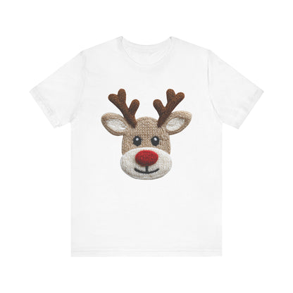 Cute Reindeer Face Christmas T-Shirt - Faux Yarn