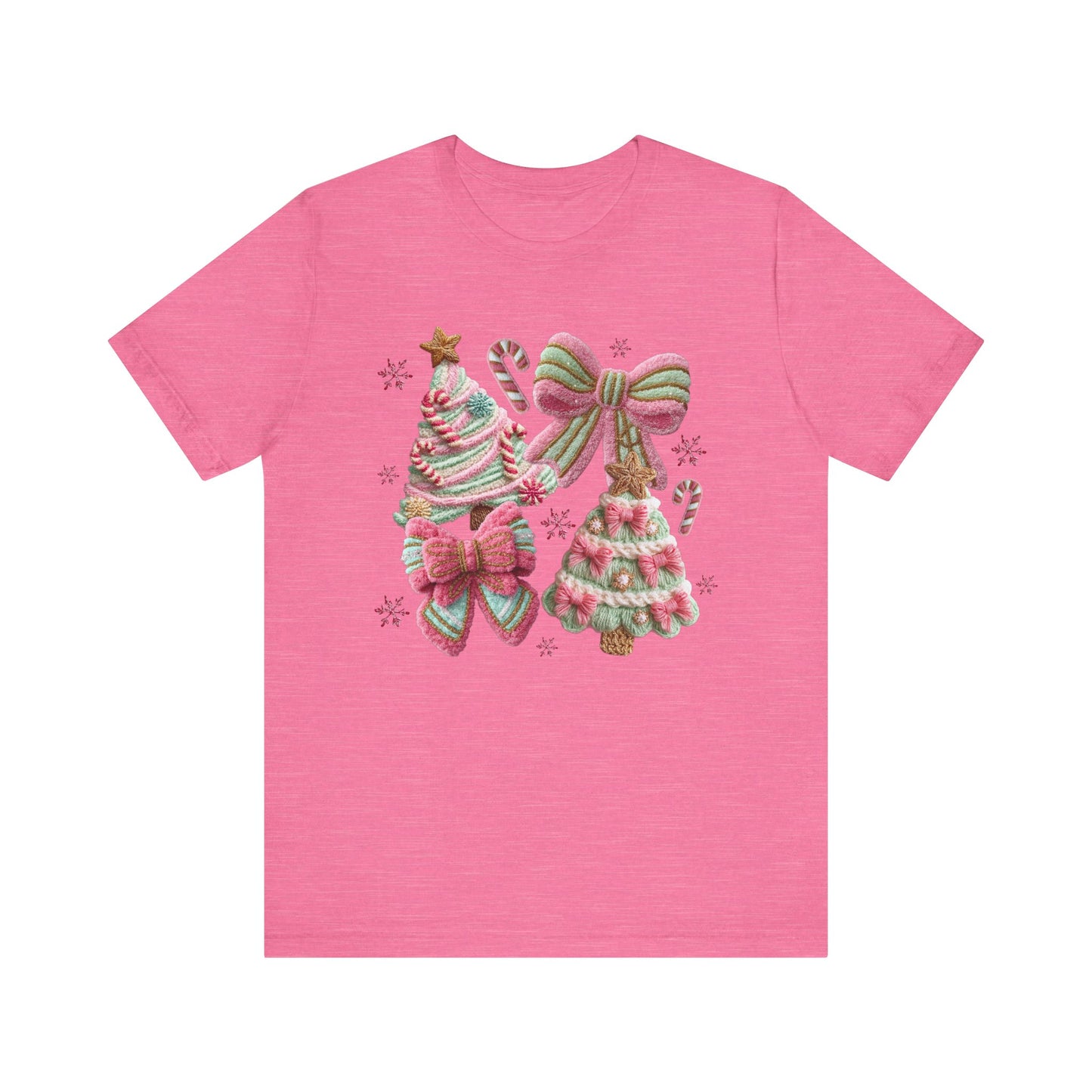 Pastel Pink Bows Coquette Christmas T-Shirt - Faux Yarn