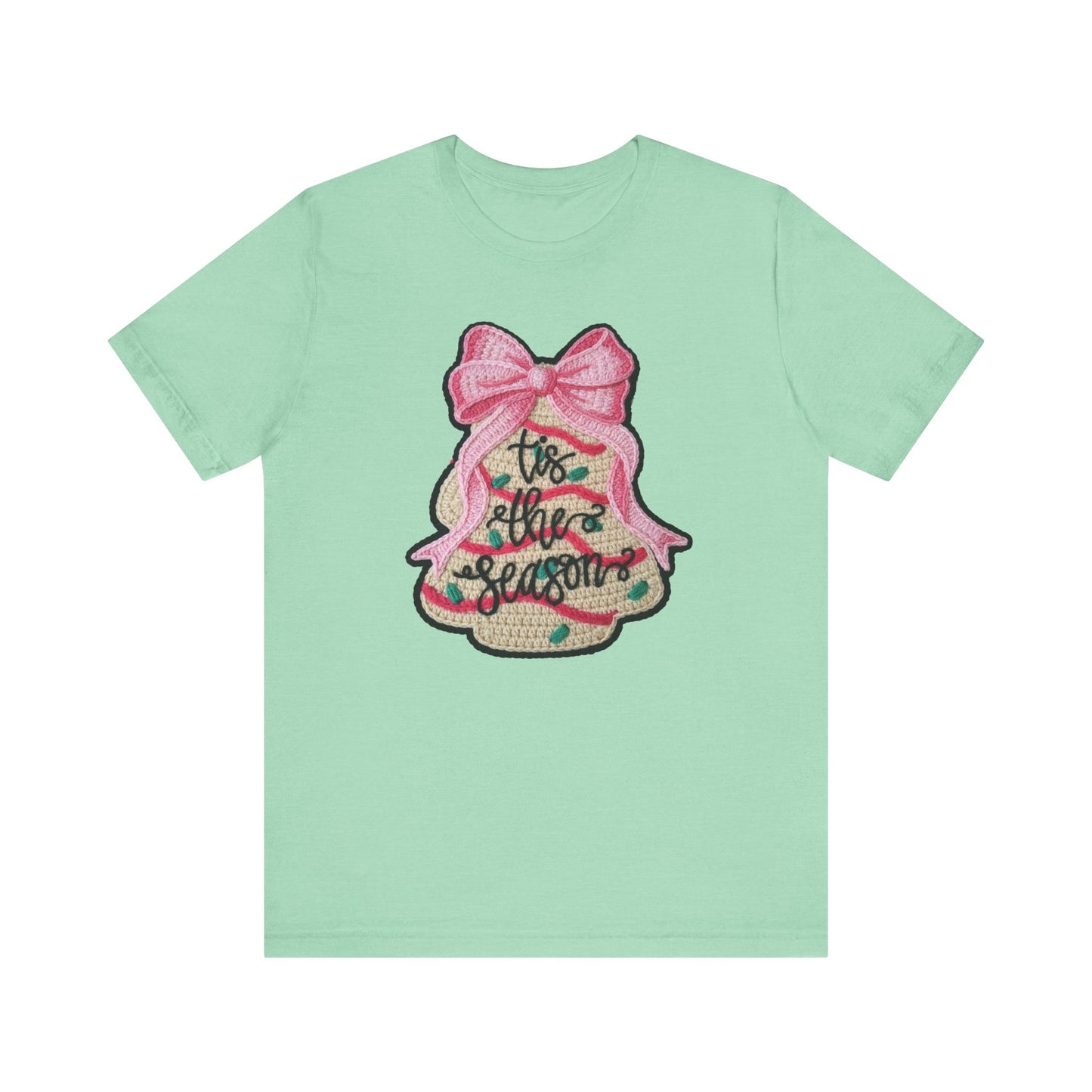 Tis the Season Bow Cake Tree Christmas T-Shirt - Faux Yarn