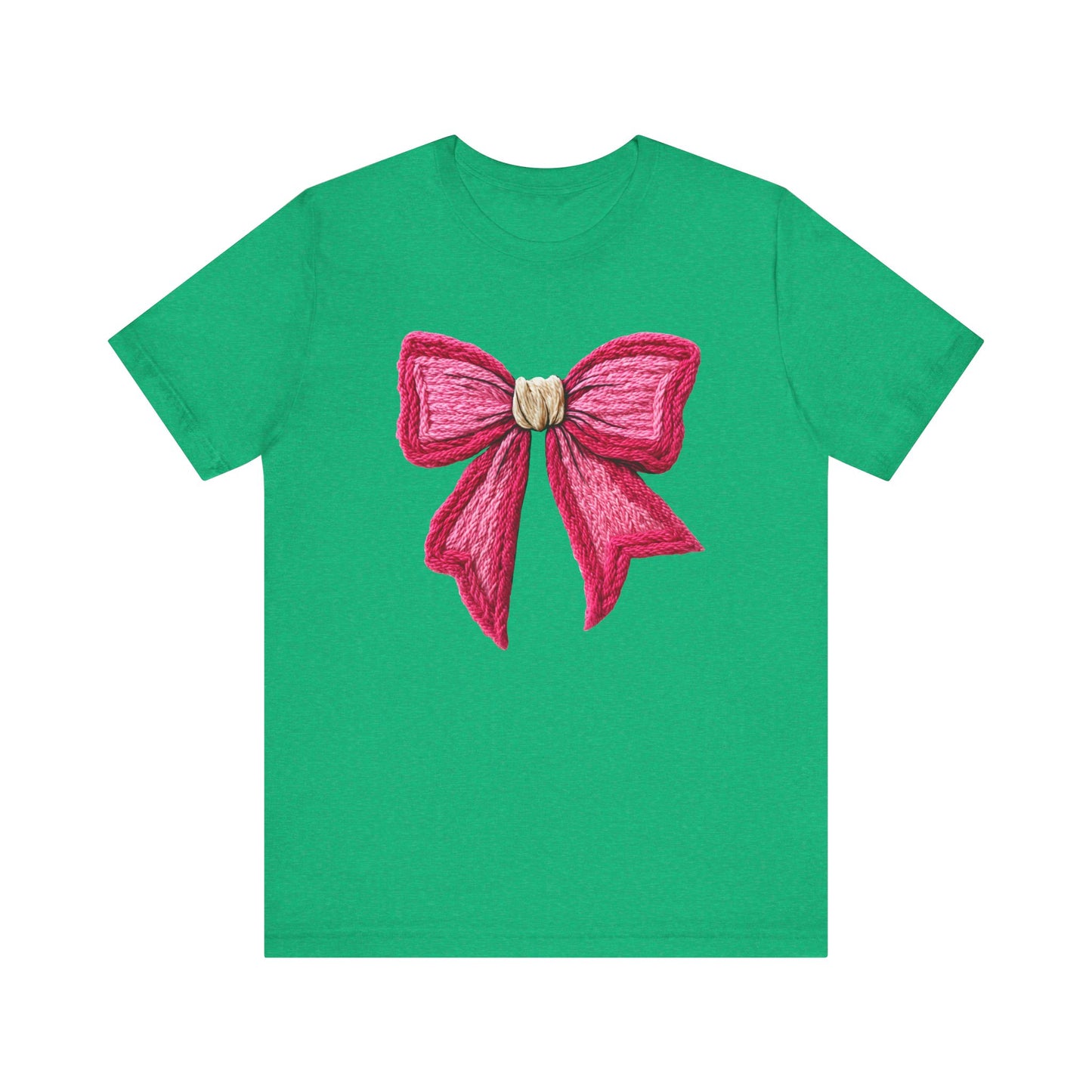 Cozy Knit Pink Bow Coquette Christmas T-Shirt - Faux Yarn