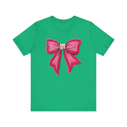 Cozy Knit Pink Bow Coquette Christmas T-Shirt - Faux Yarn
