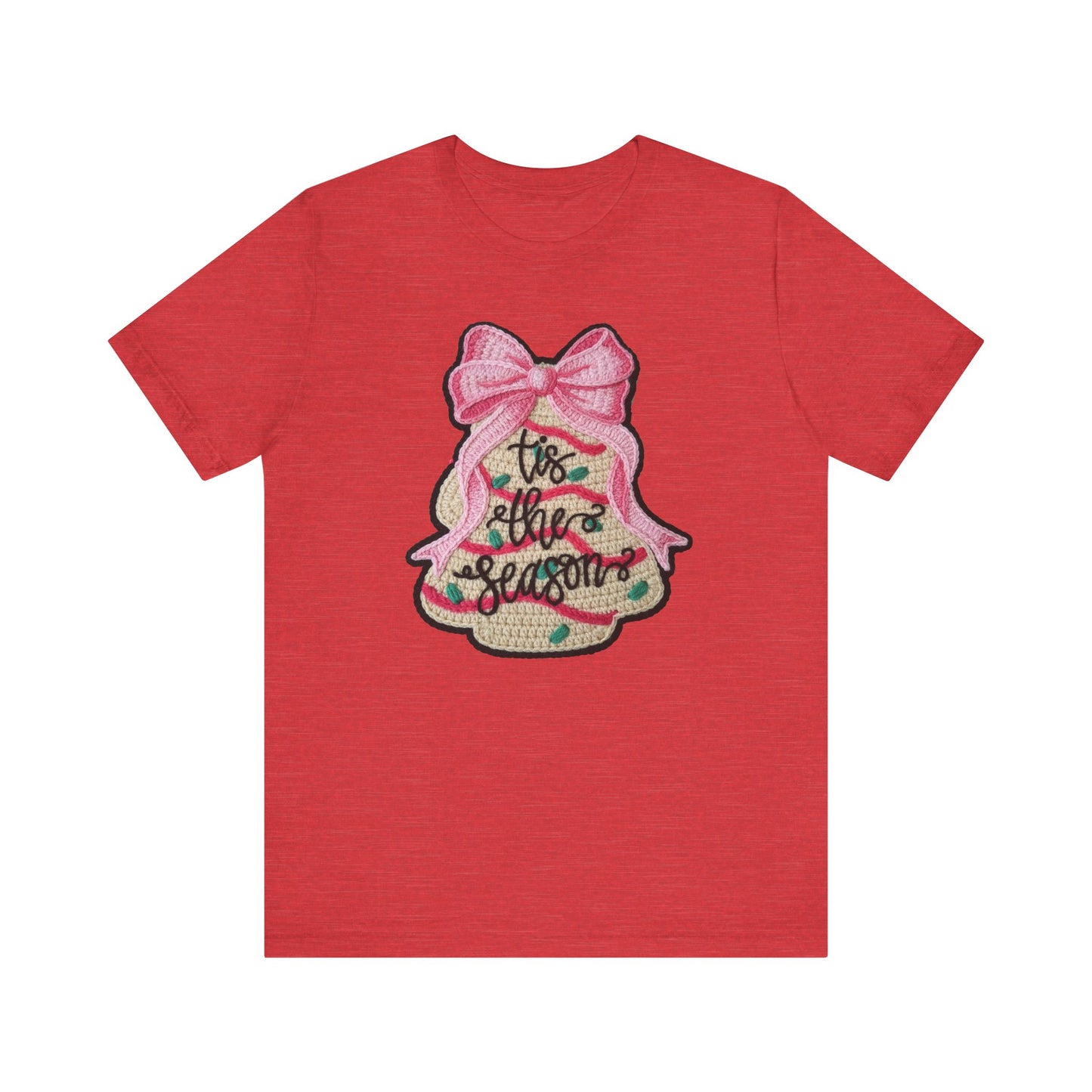 Tis the Season Bow Cake Tree Christmas T-Shirt - Faux Yarn